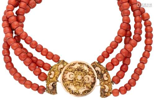 Four-row red coral necklace with a rose gold closure - 14 ct.