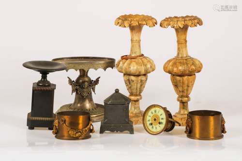 A large lot with various items, (2) alabastercoupes, a clock mechanism, a pewter tobacco jar and a s