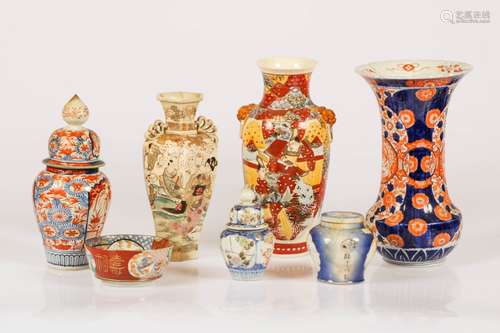 A lot of diverse porcelain and pottery including Satsuma and porcelain with Imari decor.