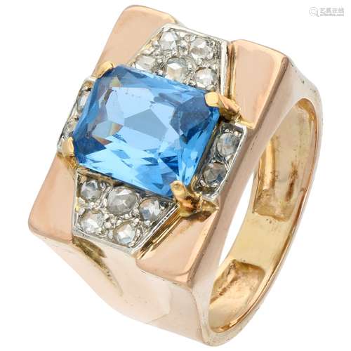 Rose gold tank ring, with diamond and synthetic blue spinel - 14 ct.