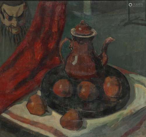 Dutch School, 1st quarter 20th Century, A still life with appels, a tea pot and a ritual mask.