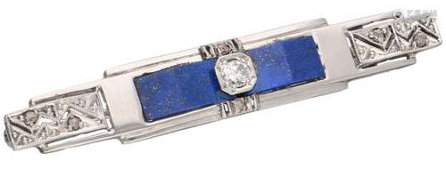 White gold / platinum brooch, with ca. 0.10 ct. diamond and lapis lazuli - 14 ct. and Pt 950.