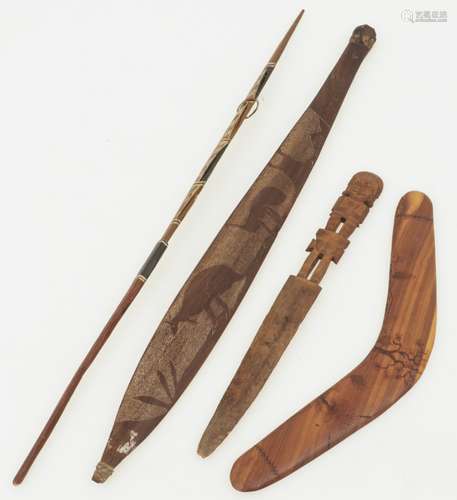 A lot comprising of (4) tribal objects a.w. two boomerangs, an Aboriginal fishing dagger, and a ritu