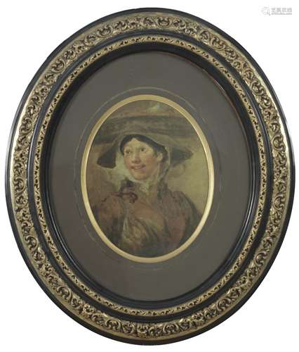 An oval portrait, shrimp girl, reproduction after William Hogarth, 20th century.