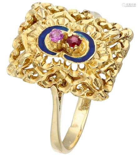 Yellow gold open worked vintage ring, with ruby and blue enamel - 14 ct.