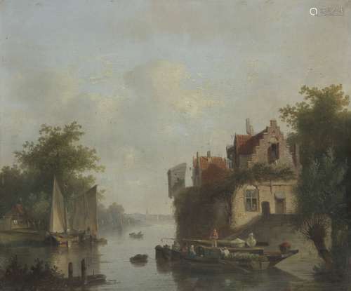 Dutch School, 19th Century, A river landscape with shipping on the water.