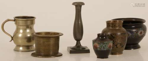 A lot of various items, including cloisonné, a mortar and a pewter candlestick.