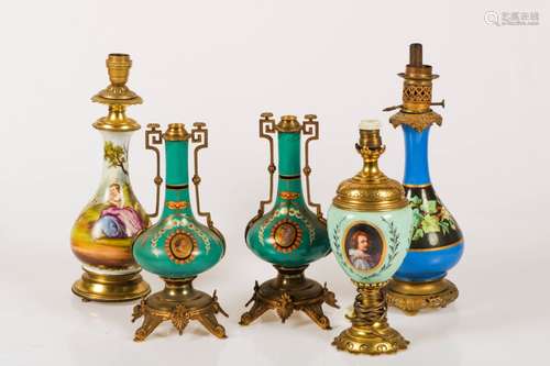 A lot comprising of (5) porcelain table lamps with bronze mounts, variously decorated, France, late