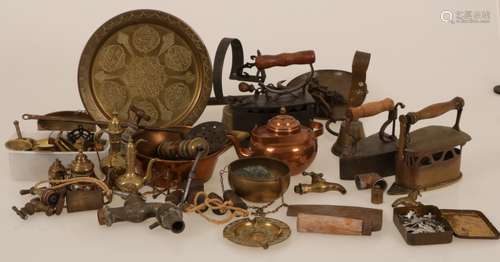 A large lot of copper consisting of irons, shop bells and a kettle.