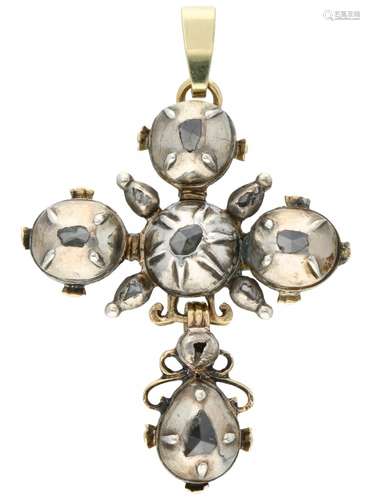 Gold / silver Georgian style cross pendant, with 9 rose cut diamonds - 14 ct. en 925/1000.