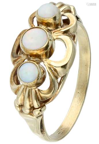 Yellow gold open worked ring, with natural white opal - 14 ct.