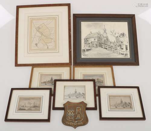 A lot with various prints depicting the Dutch town Overschie, together with a coat-of-arms, Dutch, 2