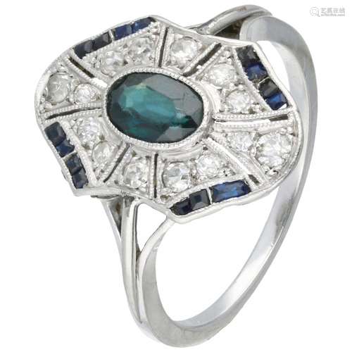 Platinum / white gold Art Deco ring, with approx. 0.16 ct. diamond and natural sapphire - Pt 850 en