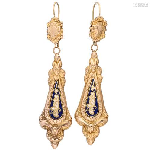 Yellow gold antique earrings, with white and blue enamel - 14 ct.