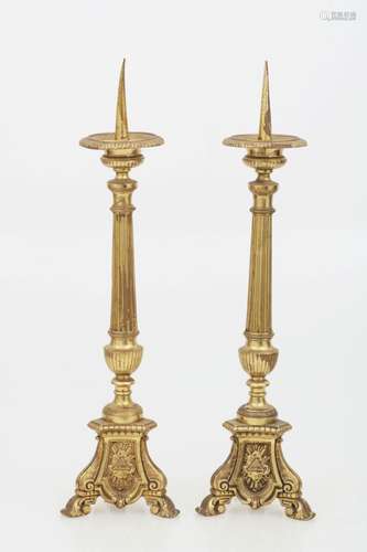 A set of (2) Charles X-style brass pricket candles, France, late 19th century.