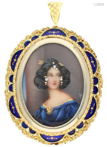 Yellow gold pendant/brooch with painted portrait in an open worked frame with royal blue enamel - 18