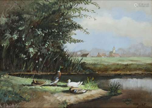 Ron Meilof (Hilversum 1933 - 2016 Hijken), Duck and duckings on the river bank.