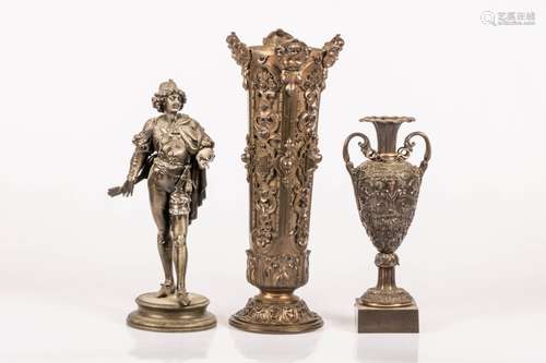 A set of (2) Zamac vases, together with a figure of lute-playing figure, France, 19th century.