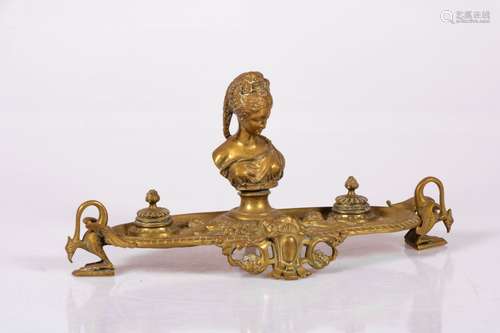 A brass desk ornament in the shape of an inkset, France, ca. 1900.