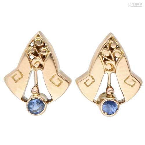 Yellow gold open worked earrings, with natural sapphire - 14 ct.