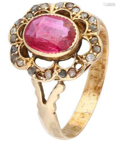 Yellow gold open worked rosette ring, with diamond and synthetic ruby - 18 ct.