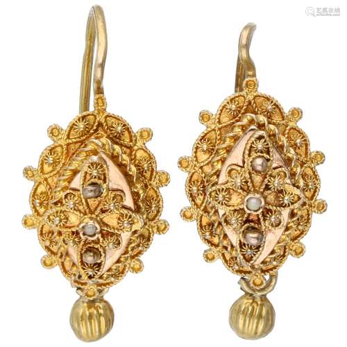 Yellow gold antique filigree earrings, with seed pearl - 14 ct.