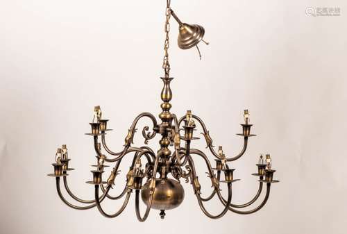 A set of (2) identical bronzed brass chandeliers, Dutch, 2nd half 20th century.