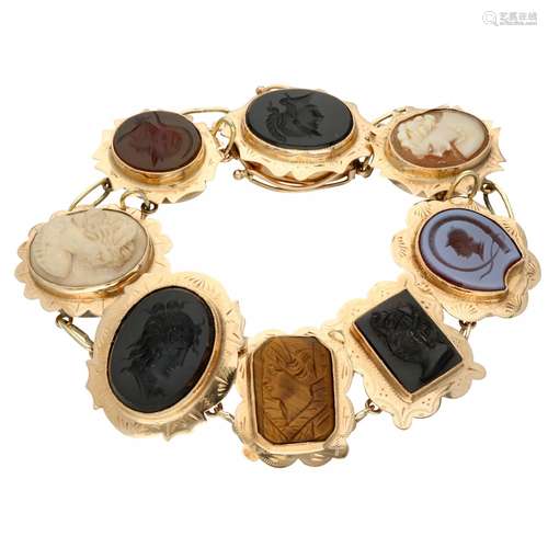 Rose gold cameo bracelet, with layered stone, tiger eye, onyx, quartz agate and shell - 14 ct.