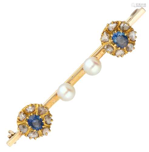 Yellow gold brooch, with diamond, natural sapphire and cultivated freshwater pearl - 14 ct.