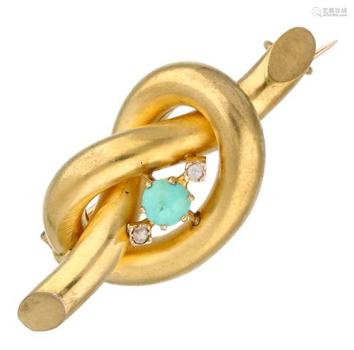 Yellow gold knot brooch, with diamond and turquoise - 14 ct.