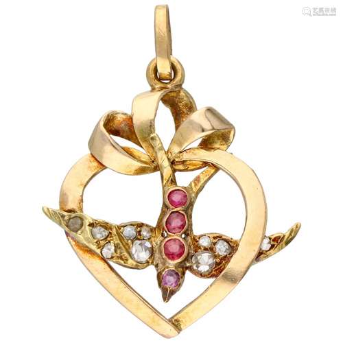 Yellow gold heart-shaped pendant with bird, with diamond and glass garnet - 14 ct.