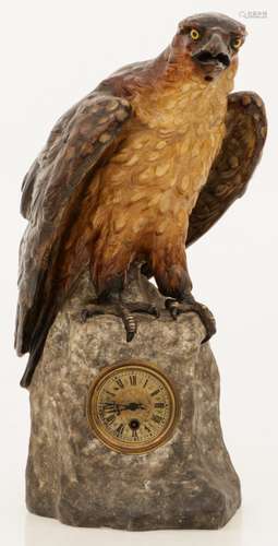 An impressive cold painted Vienese terracotta clock in the form of an mountain eagle, Austria, 1st h