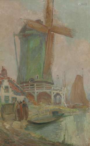 J. Henri Charon, Belgian School, 20th Century. A windmill on a river - 