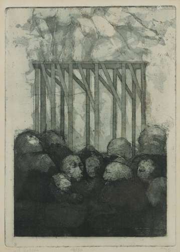 unknown, 20th Century, numerous figues in front of a wooden structure.