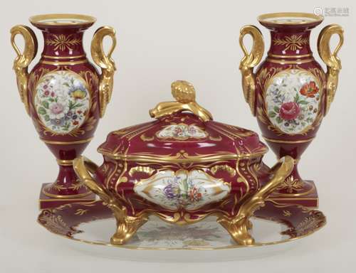 A porcelain sideboard set comprising two vases and a lidded bowl. Limoges, 2nd half 20th century.