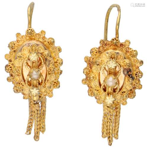 Yellow gold antique filigree earrings, with seed pearl - 14 ct.