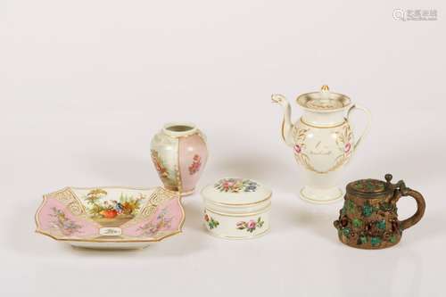 A lot of various porcelain including a coffee jug, an earthenware flap jug and a jewellery box.