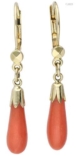 Yellow gold earrings, with red coral - 14 ct.