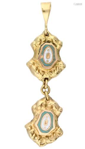 Yellow gold antique pendant, with blue and white enamel - 18 ct.