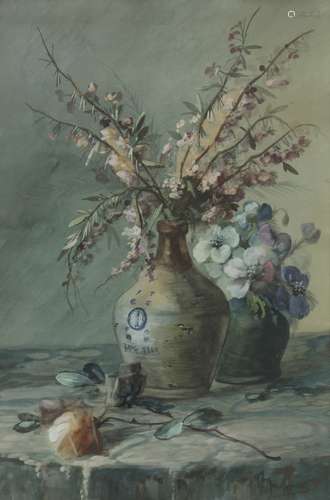 Dutch School, 20th. Century, A still life with flowers on a table.