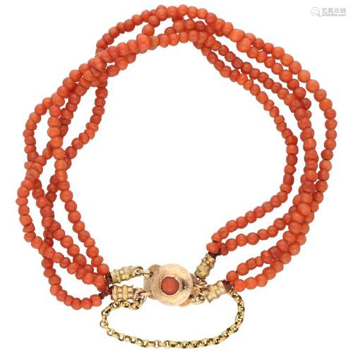 Four-row red coral bracelet with a rose gold closure - 14 ct.