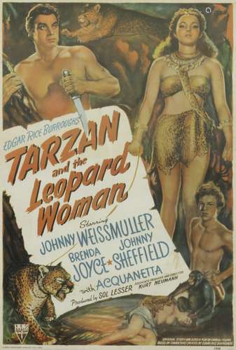 A vintage poster for the 1936 Tarzan and the Leopard Woman starring Johnny Weissmuller, Breda Joyce,