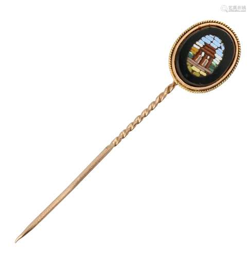 Yellow gold tie clip, micro mosaic inlaid in onyx - 14 ct.