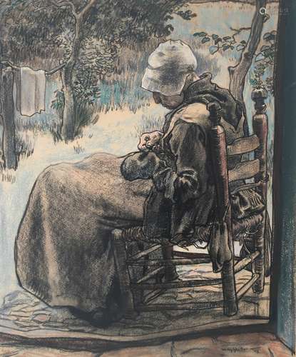 Willy Sluiter (Amersfoort 1873 - 1949 Den Haag), An elderly woman doing needlework in a garden.