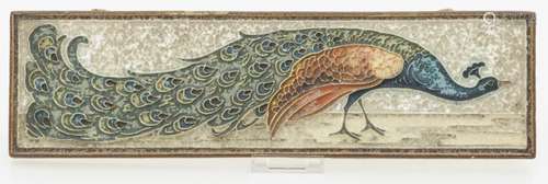 A cloisonne tile with an image of a peacock. De Porceleyne Fles, Delft, Holland