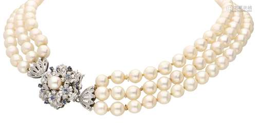 Three-row freshwater pearl necklace with a white gold closure set with natural sapphire - 18 ct.