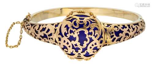 Yellow gold bangle bracelet with medallion, with floral decoration and royal blue enamel - BLA 10 ct