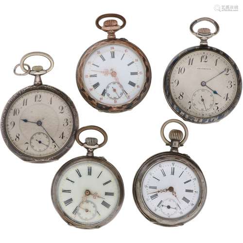 Lot (5) Pocket Watches - Silver