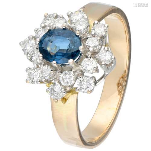 Yellow gold rosette ring, with approx. 0.68 ct. diamond and natural sapphire - 18 ct.