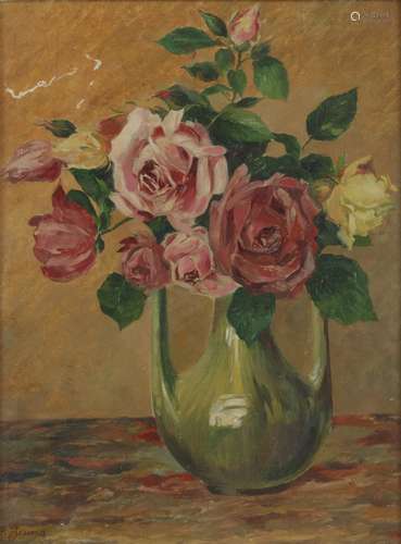 Indistinctly signed (lower left), 20th Century, A still life with roses in a vase.